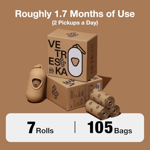 VETRESKA Pet Etiquette Bags Poop Odor Proof Bags Poop Treating Bags No Smell Bags Biodegradable Coffee Scented with Take Out Containers and Neck and Lead Dock for Cat Sand Deodorizing Bags (7 Rolls,