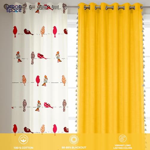 Image of Urban Space Animal 100% Cotton Curtains For Window,Combo Set Of 3 Curtains 5 Feet Long,60-65% Room Darkening Curtain,Tieback & Eyelets Included With Curtains For Home Decor (Humming Bird Red,5 Feet)