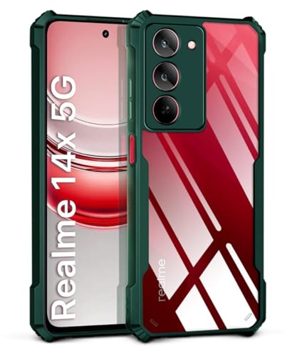 Image of WOW IMAGINE PC,TPU Shock Proof Clear Protective Back Case For Realme 14X 5G|Realme Narzo 80X|P3X-Airedge Technology|360 Degree Camera Protection|Transparent Hybrid Back Case Mobile Cover-Green