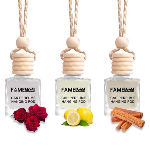 Image of 10 ML Premium Rose Lemon & Sandalwood Pack of 3 Car Perfume Hanging Pod /Car Perfume Luxury Air Freshener Natural Fragrance Oils in Glass Bottle with Wooden Diffuser Lid /Last Upto 60 Days