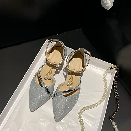 Women's Fashion Glitter Kitten Low Heel D'Orsay Pumps Pointed Toe Bow Pearls Wedding Party Sandal Shoes2