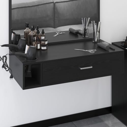 4ever2buy Wall Mount Salon Station 36 Black Barber Station Organizer with Drawer and Shelves Hair Salon Station with 3 Dryer Holders Salon Station Wall Mount for Hair Stylist