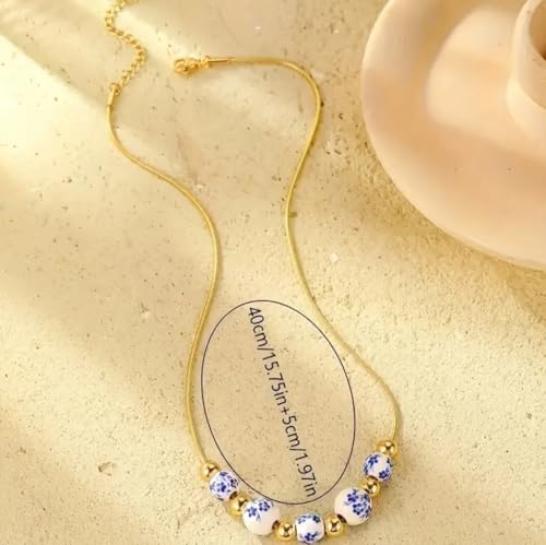 Ceramic Bead Necklace with Blue Floral Pattern, Gold Chain, Porcelain Ball Design4