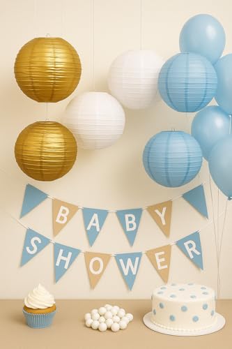 Image of Gold, Baby Blue, White Hanging Paper Lanterns Decorative Kit