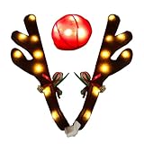 Auto Rentiergeweih - Fleece-Geweih mit LED-Lichtern | beleuchtete Weihnachtsdekoration | Festliche Auto Ornament für Urlaub, Neujahr, Reisen, Partys | batteriebetrieben
