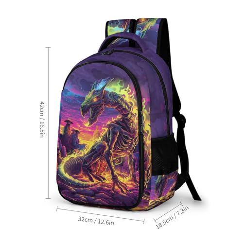 Gothic Dragon Backpack for Boys Girls, Skeleton Dragon Roaring Backpack Colorful Hippie Fire Dragon Anime Style Kids Backpack, Children Travel Laptop Backpack, 16.5 Inch2