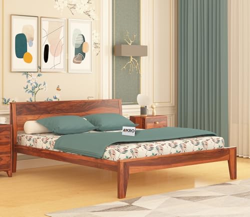 Image of Sheesham Wood Queen Size Bed Without Storage Solid Wood Cot Palang Furniture Wooden Double Bed for Bedroom Living Room (Honey Finish)