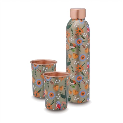Image of Classic Steels Elegant Ethnic Green Copper Water Bottle Set with 2 Glasses - 1L Capacity | Best Gift For Diwali, Wedding Anniversary And All Other Occasions. (Forest Green Copper Bottle Set)