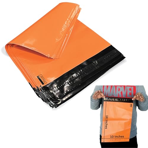 JeeJaan® 100 Pcs of Orange Mailing Bags 10 x 14 in Mailers Bag 254 x 354 mm Plastic Courier Parcel Bags Envelopes Durable Packaging Shipping Bags Strong Self Seal Parcel Mailers Postage Bags