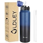 OLDLEY Stainless Steel Water Bottle with Straw 1L Vaccum Insulated Large Drink Flask Metal Water Bottles 1 Litre Leakproof Keep Drinks Hot Cold for Sports Gym Travel Adult Women Men(Blue Black, 1 Lid)