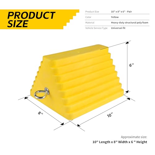 Image of MaxxHaul 51169 Polyfoam Wheel Chocks with Steel Eyebolt - 2-Pack - 10″ x 8″ x 6″ Heavy-Duty Structural Foam - Bright Yellow - Vehicle & Trailer Safety for Cars, Trucks, RVs, Boats, ATVs