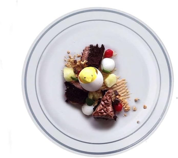 Miniatura 9 de Efavormart - Paquete de 10 platos redondos desechables de plástico Très Chic de 6 pulgadas con borde plateado para bodas, cumpleaños, fiestas,