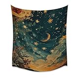 Dark Academia Timeless Stargazing Tapestry Vintage Dark Blue Starry Sky Celestial Aesthetic Wall Hanging Decor Mystery Abstract Stars and Moon Tapestries for Bedroom living room Dorm Decor 30x40inch