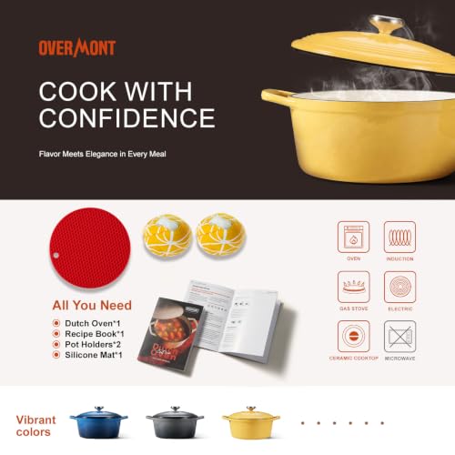 Image of Overmont Enameled Cast Iron Dutch Oven - 5.5QT Pot with Lid Cookbook & Cotton Potholders - Heavy-Duty Cookware for Braising, Stews, Roasting, Bread Baking
