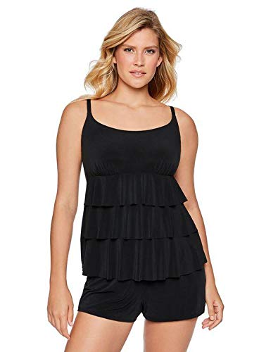 Longitude Women s Swimwear Little Dress Ruffle Shortini Soft Cup One Piece Swimsuit with Adjustable Straps, Black, 16