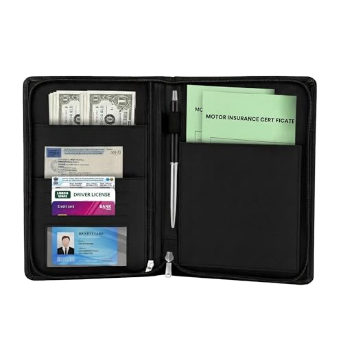Image of Storite Pack of 1 PU Leather Car Document Holder (Black) | Owner Manual, Vehicle Registration & Insurance Card, Driving Licence, RC Book Organizer