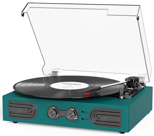 Vinyl Record Player with Built-in Speakers 3-Speed Vintage Record Player Support Treble& Bass Control, 3.5mm Headphone Jack, RCA-Out/Aux in, Belt-Driven LP Turntable,Dark Green