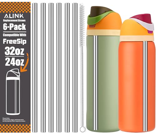 ALINK Stainless Steel Straws for Owala FreeSip Insulated Water Bottle 24 oz 32 oz, 6 Pack Reusable Metal Replacement Straws for 32oz 24oz Owala Freesip Cup Lid Only, Plus Straw Brush, Dishwasher Safe