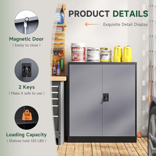 Image of Letaya Metal Storage Cabinets with Lock Door,2 Adjustable Shelves Organizer Steel Storage Cabinets for Home,Office,Warehouse,Garage,Employee Lockers(Black Gray)