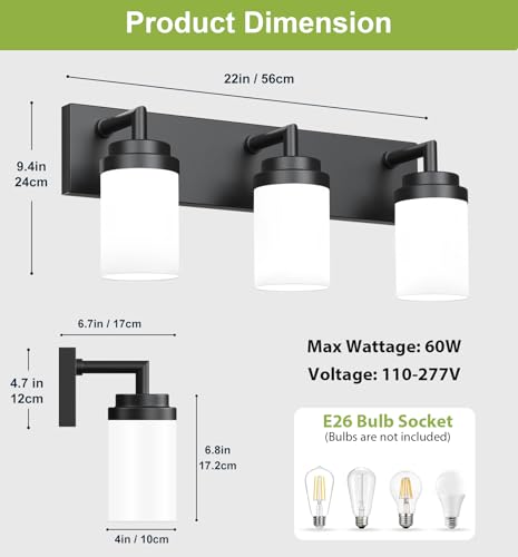 Image of Bathroom Light Fixtures, Matte Black Bathroom Lighting Fixtures Over Mirror, Modern Vanity Light with White Glass Shade, Restroom Lighting Fixtures, 3-Light 22-inch
