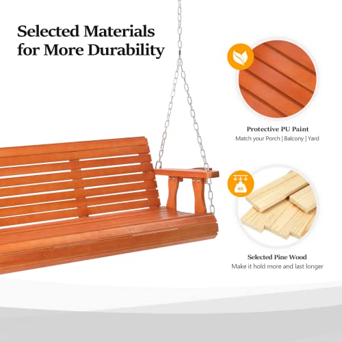Image of VINGLI 5FT Patio Wooden Porch Swing for 3 Seats, Heavy Duty 800 LBS Front Hanging Bench Swing with Adjustable Safety Chain, Outdoor Bench Swing for Backyard, Garden, Lawn (Brown)