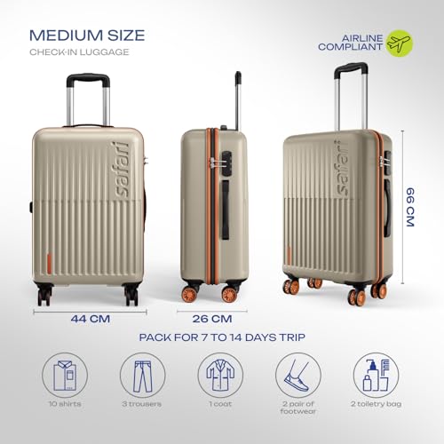 Image of Safari Astra Neo 8 Wheels 66cm Medium Size Check-in Trolley Bag, Hard Case Polycarbonate, 360 Degree Wheeling Luggage for Men & Women, Travel Bag, Suitcase for Travel, Champagne