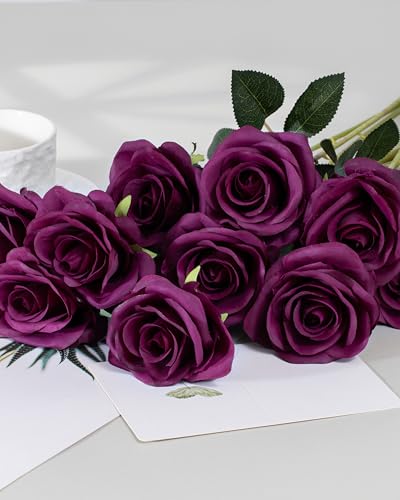 DuHouse 10pcs Fake Roses Artificial Silk Flowers Faux Rose Flower Long Stems Bouquet for Arrangement Wedding Centerpiece Party Home Kitchen Decor(Plum) image 5