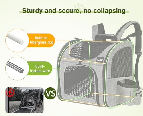 pecute Haustier Rucksack mit Netzfenster, Tragbare und Faltbare Katzentasche, Atmungsaktive und Leichte Hundetasche, Wasserdichtes Oxford-Tuch mit Viel Platz, Multifunktionales Rutschfestes Grau M