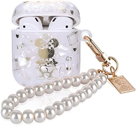 Cute Case for AirPods 1/2 with White Pearl Wrist Keychain for Women Girls Kids Kawaii Min Mouse Glitter Bling Marble Shell Colorful Protective Soft Cover Case Skin