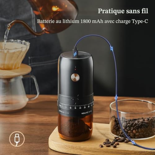 ELMWAY Moulin à café électrique portable - Broyeur à meule rechargeable en acier inoxydable pour café fraîchement moulu n'importe où, broyage précis et grossier externe réglable - Noir – vue 8