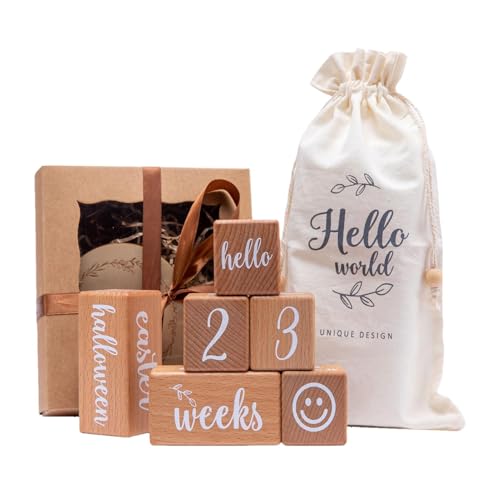 Juego de hitos de madera para bebés: de seguimiento digital, acabado liso, accesorios de registro de crecimiento mensual, pantalla de memoria de fotografía | Bloques de hitos para bebé, recuerdo