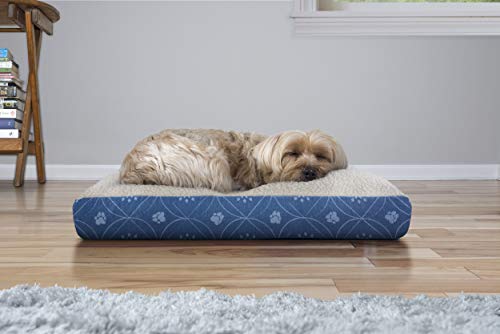 Image of Furhaven Pillow Dog Bed for Small Dogs w / Removable Washable Cover - Sherpa & Flannel Paw Print Mattress - Twilight Blue, Small