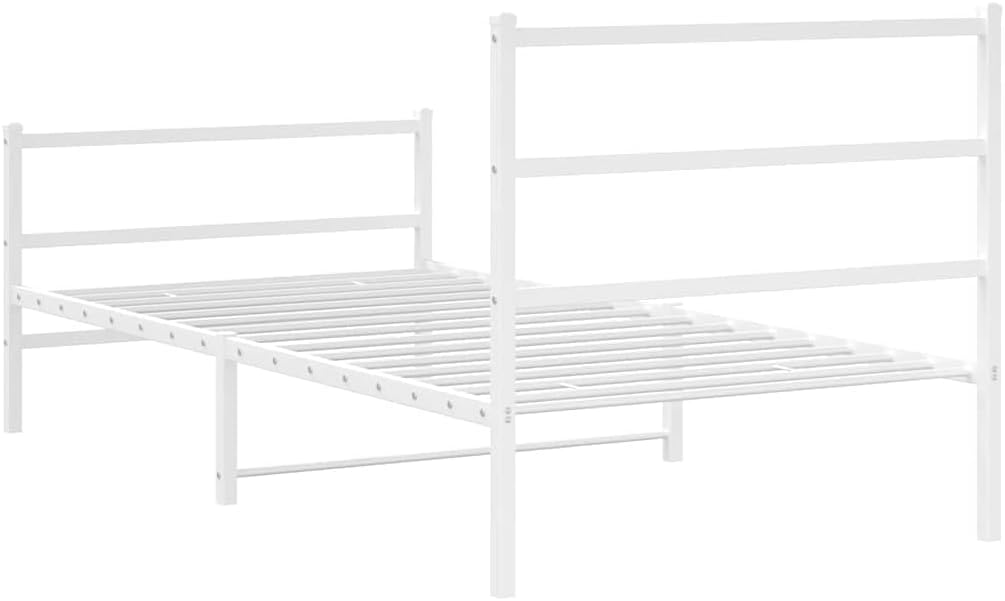 White Steel Twin Bed Frame with Headboard Modern Rectangular Design Sturdy Durable Platform Foundation for Bedroom Mattress Support Easy Assembly No-Box-Spring-Needed