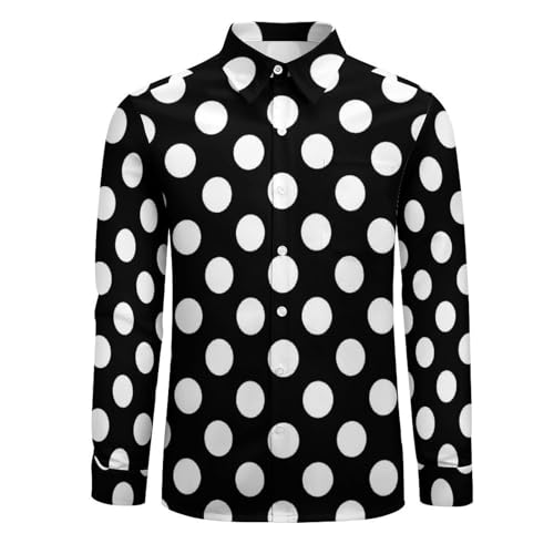 Black White Polka Dots Print Mens Long Sleeve Button Down Shirts, Casual Men's Button Up Shirt with Pocket3