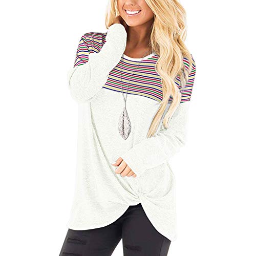 Genutery Women's Stripe Color Block Tunic Long Sleeve T Shirts Casual Round Neck Blouse Tops White