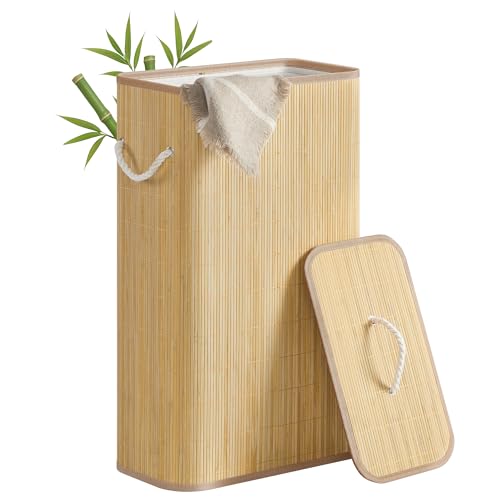 SONGMICS Cesto para la Ropa Sucia con Tapa, 60 L, Bambú, Rectangular, con Asas, Plegable, Forro Extraíble Lavable a Máquina, Natural LCB076YZ01