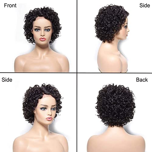 Donmily 10A Short Curly Wigs Malaysian Pixie Cut Human Hair Wig Curly Bob Wigs Lace Front Wigs Human Hair Machine Made Natural Black Wigs With Cap Replacement For Women #TOP6