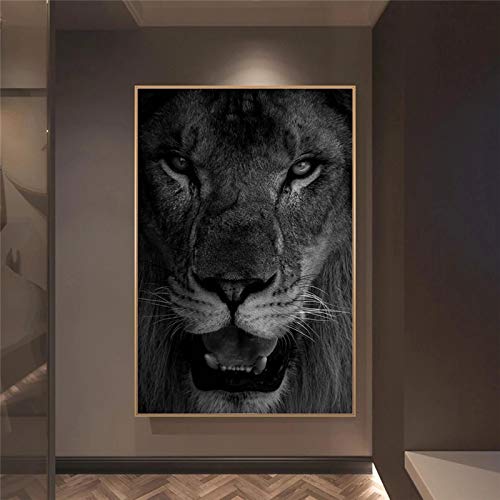 Tableau de lion sauvage d'Afrique en noir et blanc grand format 90x180cm