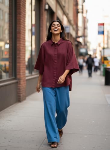 Image of Shirt for Women | Casual Button Down Long Sleeve Blouse | Oversized Striped Loose Fit Cotton Top with Pocket | Trendy Collar Aesthetics & Streetwear Tunics(34-S-1-5)