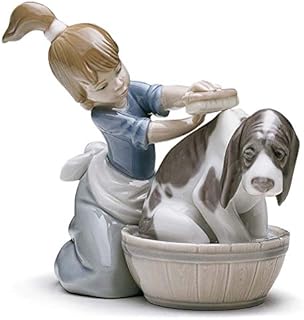 LLADRÓ Figurina Il Bagno Del Cane. Figurina Ragazza di Porcellana.