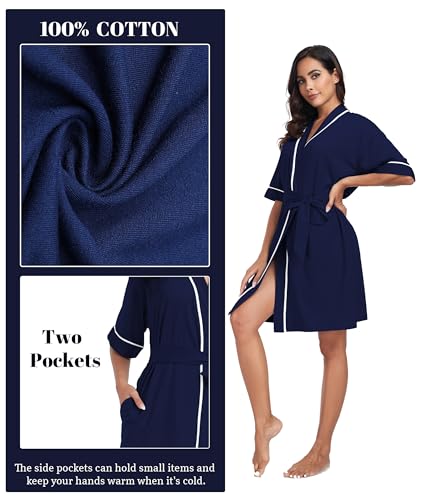 Image of ANLIQI Womens 100% Cotton Robes Lightweight Summer Short Sleeve Lady Bathrobe Knee Length Kimono Robe Sleepwear with Pockets