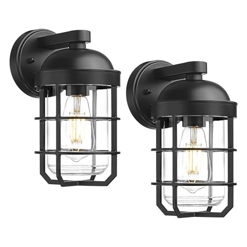 Image of Emliviar 2-Pack Outdoor Exterior Wall Light Fixtures for Porch, 11.3 Inch Black Wall Mount Lantern with E26 Bulb Base, Clear Tempered Glass, GE255BL-2PK BK