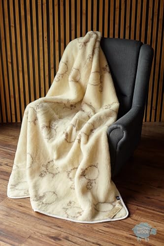 Manta de lana merino natural, diseño de oveja feliz, marca de lana (doble 160/200 cm)