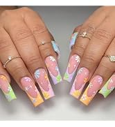 Long French Tip Press on Nails Coffin Flower Nails Press ons Long Pink Fake Nails with Colored De...