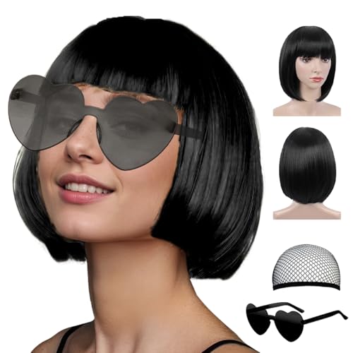Image of LIULIUBTY Short Bob Hair Wigs Straight with Flat Bangs Synthetic Colorful Cosplay Daily Party Neon Wig for Women + Free Wig Cap 16 inch Natural As Real