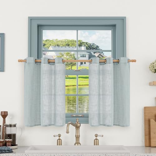 Image of LAMIT Short Linen Curtains 30 Inch Length for Small Windows, Semi Sheer Light Filtering Panels Bronze Grommet Cafe Drapes for Half Window, Greyish Blue, 2 Panels, 34 x 30 Inch