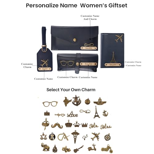 Image of AICA Personalized Name & Charm Passport Cover Combo Giftset for Women (NavyBlue)| Birthday Wedding Gift for Teenage Girls Best Friends Girlfriends Female