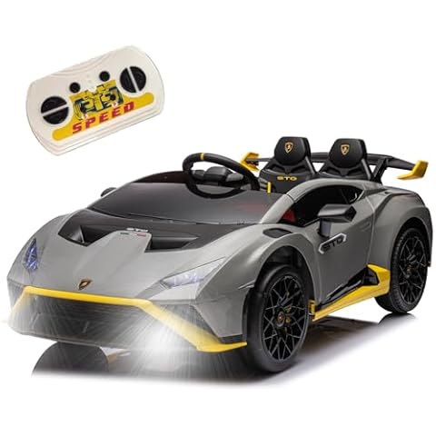 Lamborghini 24V Kids Electric Car - Ride on Electric Sports Car Licensed Lamborghini Huracan STO for Kids Ages 3-6 with 360° Spin, Drift Feature, Early Learning, LED Lights, USB, Music, Gray Cover