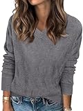 siliteelon Womens Sweater Long Sleeve Shirt V Neck Knit Sweater Work Casual Blouses Tops Lightweight Sweater Shirts Grey