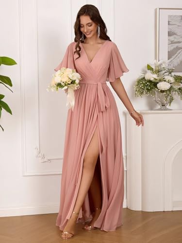 Flutter Sleeve Chiffon Bridesmaid Dresses Long with Pockets Slit V Neck Formal Dress for Women4